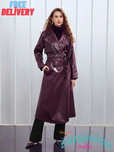 🌱 Wrapped in sophistication and cruelty-free luxury, the **Belted Vegan Leather Trench Coat** is a timeless classic reimagined for the modern fashionista. Crafted from premium vegan leather, this coat exudes both elegance and sustainability ✨.  The belted waist beautifully accentuates your silhouette, while the iconic trench coat design adds an air of refinement to any outfit 👗. With its versatile style, this coat transitions effortlessly from day to night, making it an essential staple in any wardrobe 🌙. Elevate your outerwear game with this chic and conscious piece that embodies style with a purpose. Look good, feel good, and make a statement with every step you take 💫! 🧥 Our handmade trench coats are carefully designed and crafted. The product photos are taken both with models and Faux Leather Trench Coat, Jacket Formal, Long Winter Jacket, Beachy Dresses, Purple Coat, Work Chic, Leather Trench, Women Overcoat, Belted Trench Coat