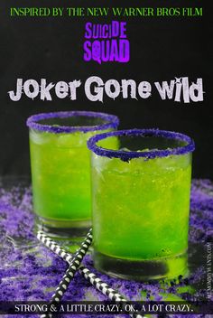 the poster for joker gone wild shows two glasses filled with green liquid and purple sprinkles