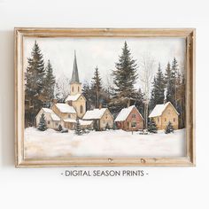 a painting of a village in winter with trees and snow on it's ground