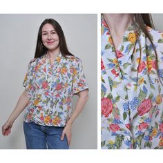 Hi! This is vintage from 90's White flowers blouse with short sleeves and buttons closure. This vintage romantic patterned shirt made of synthetic material - POLYESTER. Model on the photo is 170 cm tall and is wearing a MEDIUM size shirt. But, be careful, this is a vintage size, it is better to check the measurements below in the product description. Sleeve - 7cm / 2.75inch;  Width - 47cm / 18.5inch;  Length - 57cm / 22.44inch. All measurements are taken seam to seam while lying flat. Additional Multicolor Floral Print Hawaiian Button-up Shirt, Multicolor Floral Print Hawaiian Shirt, Spring Patterned Button-up Hawaiian Shirt, Spring Patterned Hawaiian Button-up Shirt, Spring Vintage Print Hawaiian Shirt With Short Sleeves, Vintage Print Short Sleeve Hawaiian Shirt For Spring, Patterned Floral Print Short Sleeve Hawaiian Shirt, Spring Vintage Print Hawaiian Shirt, Patterned Floral Print Hawaiian Shirt With Short Sleeves