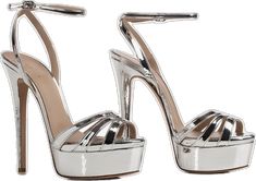 Modern Silver Sandals With 4-inch Heel, Chic Metallic Silver Heels With Heel Strap, Modern Metallic Sandals For Evening, Silver Patent Leather Heels With Wrapped Heel, Chic Silver High Heel Sandals, Luxury Metallic Open Heel Shoes, Modern Silver Heels For Cocktail, Sleek Silver Sandals For Formal Occasions, Luxury Metallic Sandals With 4-inch Heel