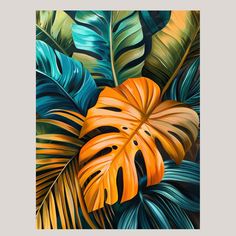 a painting of tropical leaves with oranges and blue colors on the bottom right corner