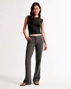 Low rise, bootcut pants in our everyday menswear fabric, featuring a flattering clean front, slim waistband, functional pockets and a zipper closure. Gray Bootcut Pants Outfit, Bootcut Pants Outfit, Law Internship, Trouser Pants Outfits, 2025 Style, Dress Pants Outfits, Female Features, Dream Wishlist, Work Fits