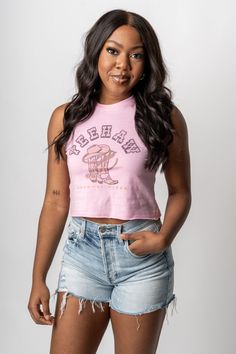 Yeehaw graphic crop tank top pink - Cute Tank Top - Trendy Tank Tops at Lush Fashion Lounge Boutique in Oklahoma City Mock Neck Crop Top, Trendy Crop Tops, Cute Tank Tops, Crop Tank Top, Women's Boutique, Pink Tank Top, White Crop Top, Oklahoma City, White Tank Top