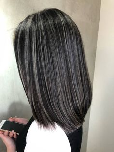 Silver Babylights On Dark Hair, Silver Hair Highlights On Black Hair, Hair Color Highlights For Black Hair, Gray Highlights On Black Hair, Black Hair With Gray Highlights, Black Hair Color With Highlights, Gray Highlights On Dark Hair, Black Hair Blonde Highlights, Black And Gray Hair