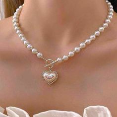 1pc Elegant Faux Pearl Beaded Heart Charm Buckle Necklace In Silver Undertone Nwt Buckle Necklace, Beaded Heart, Necklace Pearl, Silver Heart Necklace, Silver Pearls, Silver Heart, Pearl Beads, Heart Charm, Heart Necklace