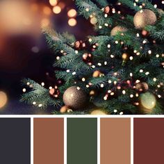 a christmas tree with ornaments and lights in the background, is featured in this color palette