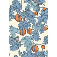 an orange and blue wallpaper with birds on the tree branches in front of it