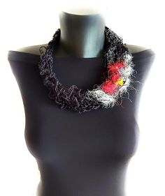 Black fiber Art linen necklace, statement necklace for women design AngyArt.  This extravagant piece is entirely handmade using pure linen yarn, bamboo yarn, silk fibers and different techniques.  The necklace is lightweight, easy to wear and will perfectly shape your neck.  Color: black knitted exterior with some contrasting accents in black and white, red, yellow, teal.  Length approximately: 22 inches.  Closer: leather button and loop.  You will receive it beautifully wrapped ready for gift g Bamboo Yarn, Linen Yarn, Statement Choker Necklace, Handmade Gifts For Her, Handcrafted Accessories, Choker Necklaces, Black Linen, Art Fashion, Pure Linen