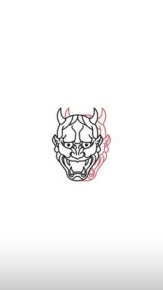 a drawing of a demon head on a white background with red and black lines in the middle