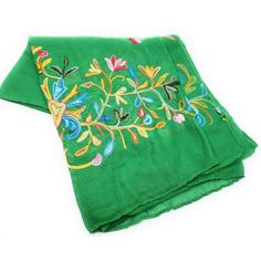 Soft Handmade Thai Cotton Scarf Or Shawl With Colorful Floral Embroidery 100% Cotton This Beautiful Scarf Is Made Of Soft Thai Cotton And Richly Embroidered In A Colorful Floral Pattern. Approximate Size: 68" X 28" It Is Wide Enough That It Could Alternatively Be Used As A Shawl Each Scarf Is 100% Unique, Made By Artisans In Thailand. The Cotton Fabric Is Very Soft And Gauzy - It Can Add A Colorful And Stylish Accent To Any Outfit. This Scarf Makes A Lovely Gift For Any Occasion. Green Embroidered Bohemian Shawl, Traditional Handmade Green Shawl, Traditional Embroidered Green Shawl, Green Bohemian Dupatta With Floral Embroidery, Green Chikankari Embroidery Dupatta For Summer, Green Chikankari Embroidered Dupatta For Summer, Bohemian Green Dupatta With Floral Embroidery, Green Embroidered Shawl For Festivals, Traditional Green Embroidered Fabric For Spring