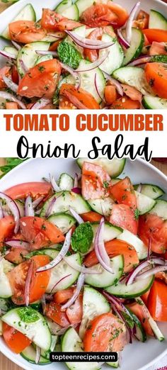 tomato cucumber onion salad in a white bowl on a wooden table with text overlay