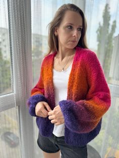 Knit Summer Cardigan, Chunky Knit Sweater Pattern, Knit Summer, Rainbow Cardigan, Pink Orange Purple, White Gradient, Striped Knit Sweater, Cardigan For Women, Cardigan Oversized