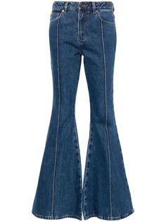 indigo blue cotton washed denim flared design seam detailing belt loops classic five pockets front button and zip fastening Flared Jeans 70s, Abba Outfits, Royal Blue Jeans, Making Outfits, Blue Flared Jeans, 70s Jeans, Jeans Flared, 70s Inspired Fashion, Fantasy Wardrobe