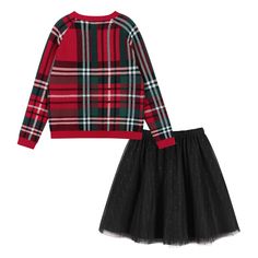 Step into the holiday season with our Plaid Sweater W/Skirt Set! The red plaid holiday sweater exudes festive charm and is perfect for special occasions. With ribbed details adding texture and style, long sleeves for warmth, and a triple-layer tulle on the black skirt for a touch of elegance, this 2-piece set combines comfort and holiday magic. Sweater Skirt Set, Plaid Pullover, Plaid Sweater, Print Sweater, Holiday Sweater, Cotton Skirt, Plaid Print, Printed Sweater, Green Plaid