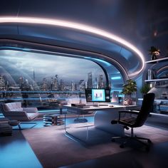 an office with a view of the city at night