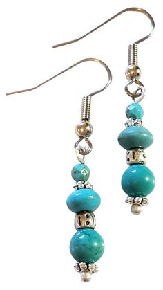 Howlite Turquoise Earrings Earth Beauty Jewelry 895 The young lady in your life would like very much to have these Howlite Turquoise Earrings. Start a lifetime of collecting unique, fun earrings. All my jewelry is handmade, charged by the sun, and infused with my own unique blend of loving, healing intent. Materials: Howlite Turquoise beads, silver-plated spacer beads, eye pins, ear hooks. Approximately 1.5" long Only one available $25.99 Unique Turquoise Drop Earrings, Artisan Turquoise Drop Earrings Jewelry, Artisan Turquoise Jewelry With Matching Earrings, Artisan Turquoise Dangle Jewelry, Unique Turquoise Dangle Jewelry, Turquoise Round Pierced Jewelry, Hypoallergenic Turquoise Beaded Earrings, Artisan Turquoise Beaded Earrings With Ear Wire, Turquoise Adjustable Drop Earrings