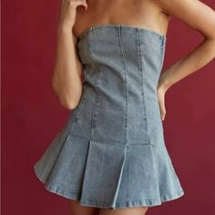 Size Medium Denim Dress! Very Flattering And Cute! Chic Non-stretch Cotton Mini Dress, Chic Cotton Mini Dress Non-stretch, Chic Cotton Mini Dress, Fitted Medium Wash Denim Top Mini Length, Trendy Mini Denim Top For Spring, Stretch Denim Blue Dress For Summer, Summer Stretch Denim Blue Dress, Blue Non-stretch Denim Mini Dress, Stretch Denim Mini Dress