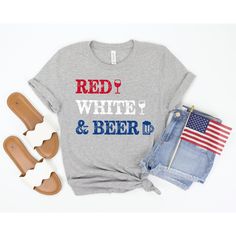 "4th of July Outfit, Womens 4th of July Shirt, Fourth of July Shirt Women, Red White and Beer Shirt, Red Wine and Booze Funny 4th of July Tee This Red White and Beer shirt feels soft and lightweight, with the right amount of stretch, and is comfortable and flattering for both men and women. The design is slightly distressed to give it a vintage look. All inks used to print are water-based and eco-friendly. Sizing is UNISEX. It will fit a little more loosely and longer than your typical women's t Red Summer Game Day Tops, Patriotic Red Pre-shrunk Shirt, Red Patriotic Letter Print Shirt, Patriotic Red Shirt For Summer, Red Patriotic Shirt For Summer, Red Patriotic Shirt With Letter Print, Patriotic Red Top For 4th Of July, Patriotic Red Shirt For 4th Of July, Red Pre-shrunk Shirt For 4th Of July