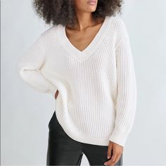 New! Babaton Roger Sweater Classic White V-neck Sweater For Work, Elegant White V-neck Winter Sweater, Elegant White V-neck Sweater For Spring, Elegant Fitted White V-neck Sweater, White V-neck Sweater For Work In Fall, Classic White V-neck Sweater For Fall, Classic White V-neck Sweater For Winter, Aritzia Sweater, Wool Cowl