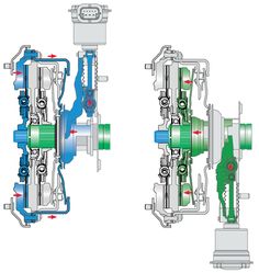 two views of an engine and its workings, with the main parts labeled in red