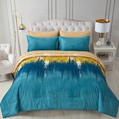 PRICES MAY VARY. [7 Pieces Bed in A Bag] :Gold teal bed in a bag queen with 1 comforter 90" x 90" + 2 pillowcases 20" x 26"+1 Fitted Sheet 60"x 80"x14"+1 Flat Sheet 90"x 102"+2 Pillow Shams 20"x 30".The fitted sheet is 14 inches Pocket, fits mattresses up to 14". [Special Gradient Design]:7 pieces bed in a bag is designed from light and dark navy blue abstract oil painting, the color is bright and stylish, it can be blended with the decoration of any style room, add a bright color to your room, Teal Comforter, Green Comforter Sets, Aqua Bedding, Teal Bedding, Green Comforter, Bed Comforter Sets, Elegant Bedding, Green Bedding, Bed In A Bag