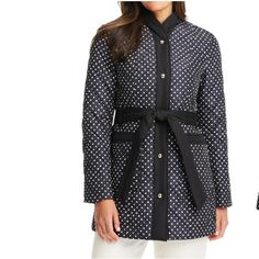 True To Size A Charming Polka Dot Print Adorns This Midweight Quilted Jacket Crafted With Domed Snaps, A Flattering Waist Tie And Handy Patch Pockets. 22" Armpit To Armpit 32" Length Shawl Collar Removable Belt Lined, With 100% Polyester Fill 100% Polyester Machine Wash, Line Dry Imported Dark Pink Jacket, Kate Spade Coat, Quilted Anorak, Military Jacket Green, Black Peplum, Trench Coat Black, Belted Coat, Wool Blend Coat, Fashion Editor