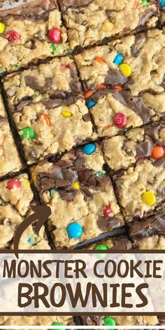 monster cookie brownies with m & m candies in the middle and text overlay