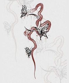 an artistic drawing with butterflies and swirls on the bottom half of it, in red