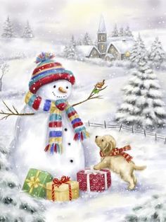 a painting of a snowman and his dog with presents in front of him on a snowy day