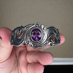 Vintage Sterling Silver and Amethyst Cuff Ornate Bracelet - Etsy Ornate Silver Amethyst Jewelry, Elegant Silver Amethyst Cuff Bracelet, Mystical Purple Nickel-free Jewelry, Adjustable Purple Gemstone Cuff Bracelet, Lilac Birthday, Vintage Purple Metal Bracelets, Fun Clothes, Purple Gems, Medium Purple