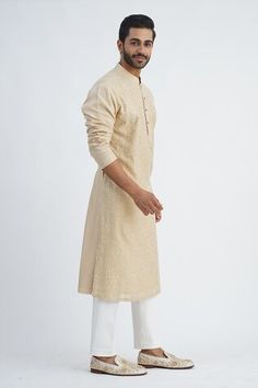 Beige chanderi kurta with dori embroidery. Comes with off-white straight pant. - Aza Fashions Ceremonial Beige Kurta With Chikankari Embroidery, Dori Embroidery, Men Kurta, Pant Set, Straight Pants, Mandarin Collar, Aza Fashion, Pants Set, Off White