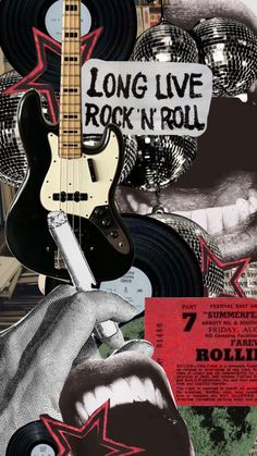 a collage of rock'n'roll posters with an electric guitar