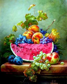 a painting of watermelon and grapes on a table