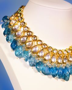 Sharawar Clear Blue Quartz Necklace Bollywood Style Kundan Gemstone Necklace, Kundan Long Necklace For Party, Festive Fusion Necklace With Detachable Pendant, Fusion Style Kundan Necklace With Detachable Pendant, Fusion Style Blue Necklace For Festive Occasions, Luxury Blue Necklace With Detachable Pendant, Festive Fusion Necklace With 17 Jewels, Bollywood Style Meenakari Necklace For Formal Occasions, Fusion Style Blue Kundan Jewelry