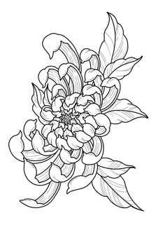 a black and white drawing of flowers with leaves on the bottom, in a line art style