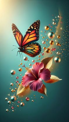 two butterflies flying next to each other on a blue background with bubbles and flowers in the foreground