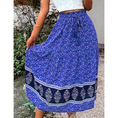 Blue Bohemia Print Lace-up Boho Skirt Blue Boho Print Maxi Skirt For Vacation, Blue Floral Print Bottoms For Festival, Blue Midi Skirt For Vacation, Bohemian Blue Maxi Skirt For Beach, Blue Boho Print Beach Skirt, Blue Boho Print Maxi Skirt For Festival, Blue Non-stretch Bohemian Maxi Skirt, Non-stretch Blue Bohemian Maxi Skirt, Non-stretch Bohemian Blue Maxi Skirt