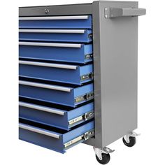 a large metal tool cabinet with blue drawers