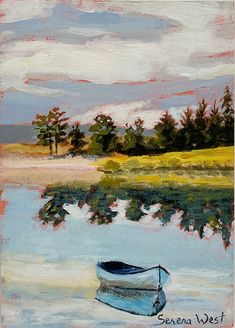 a painting of a boat on the water with trees in the background and clouds in the sky