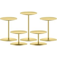 four gold tables with three different bases on each side and one in the middle, set against