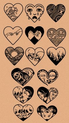 several different types of heart shaped tattoos on a beige background with black and white ink