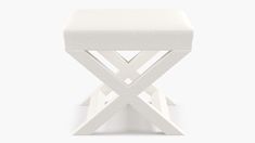 a white stool with a cross design on the top and bottom, sitting in front of a white background