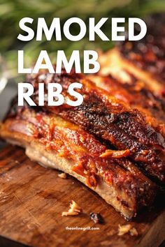 smoked lamb ribs on a cutting board with text overlay