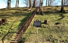 a wooden staircase leading up to the top of a hill with trees in the background