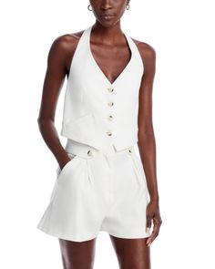 Veronica Beard Arabella Halter Vest Luxury Sleeveless Summer Tops, Chic Structured White Top, Chic White Structured Top, Chic Structured Tailored Tops, Luxury Formal Summer Tops, Luxury Formal Tops For Summer, Tailored White Summer Tops, White Fitted Structured Top, Elegant Structured Tops For Summer