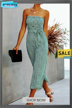 Elegant Print Buckle with Belt Strapless Regular Jumpsuits Casual Strapless Jumpsuits And Rompers For Summer, Casual Green Strapless Jumpsuits And Rompers, Casual Strapless Jumpsuits And Rompers For Beach Season, Green Strapless Jumpsuits And Rompers For Beach, Green Strapless Jumpsuits For The Beach, Green Strapless Jumpsuit For Beach, Strapless Green Jumpsuit For The Beach, Casual Fitted Strapless Jumpsuit For Beach Season, Casual Green Strapless Jumpsuit For Spring