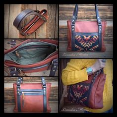 four different views of a woman's handbag with multiple compartments and zippers