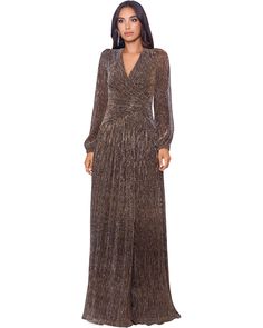 XSCAPE Long Sleeve Metallic V-Front Dress | Zappos.com Metallic Knit Dress, Metallic Gown, Xscape Dresses, Evening Dress Collection, Formal Dresses With Sleeves, Review Dresses, Flowy Skirt, Formal Evening Dresses, Dress Details