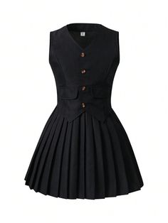 Teen Girls' Single-breasted Vest And Pleated Skirt Set Black Casual    Plain  Medium Stretch  Teen Girls Clothing, size features are:Bust: ,Length: ,Sleeve Length: Pleaded Skirt, Pleated Skirt Set, Commuter Style, Fashion Show Dresses, Makeup Wishlist, Estilo Hip Hop, Girls Clothing Sets, Teen Girls